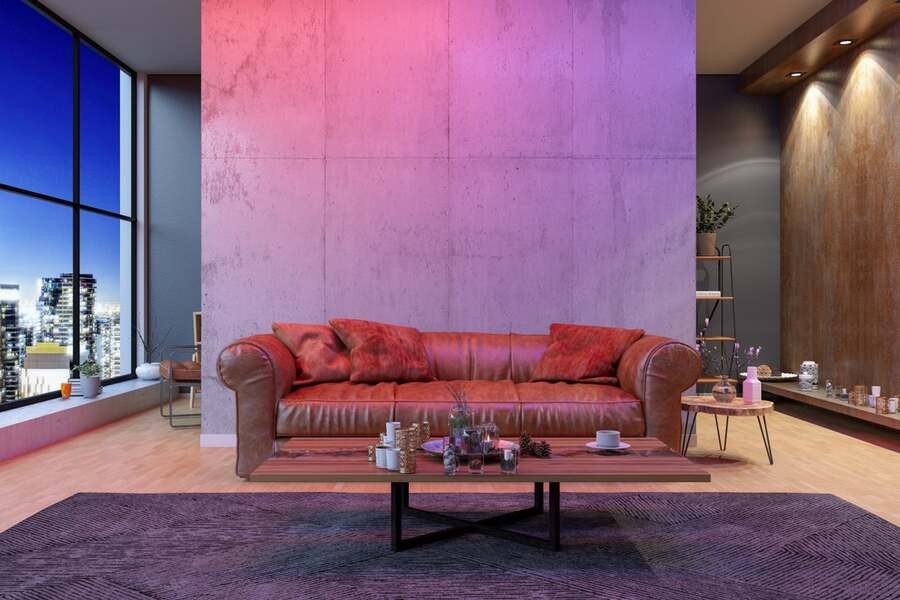 A modern living room illuminated by a pinkish shade.